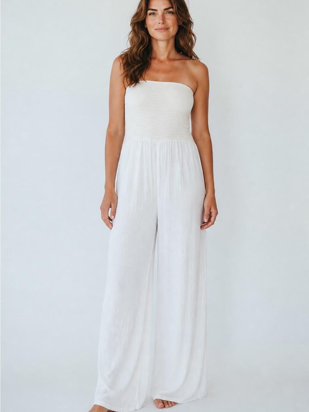 Fourteen Twelve White Flowy Wide Leg Bohemian Strapless Jumpsuit. Size Medium